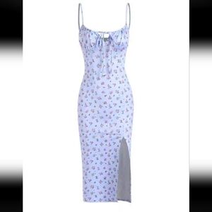 Front Slit Cami Tie Collar Ditsy Floral Dress - Light Blue size Small 💙